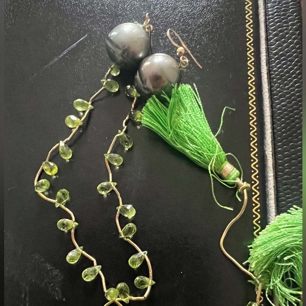 Elegant Tahitian Pearl and Peridot long earrings